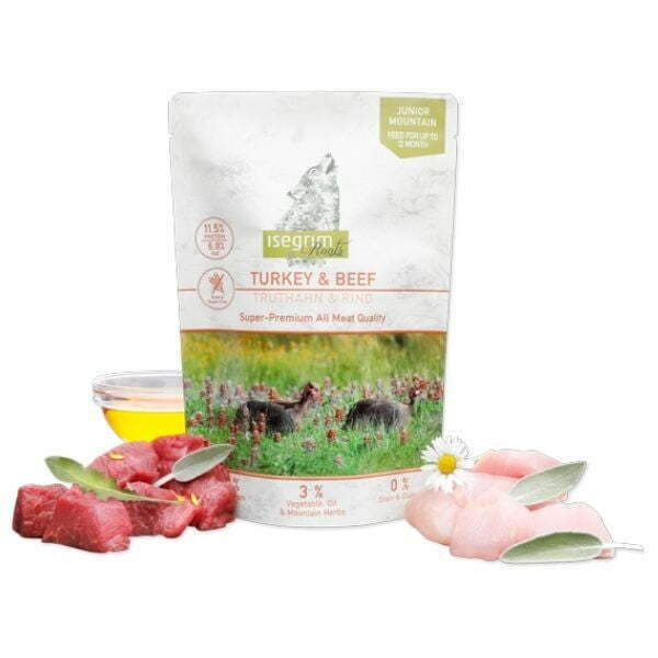 איסגרים מזון טבעי לגורים עם הודו, בקר, בטטה, שמן סלמון ועשבי תיבול