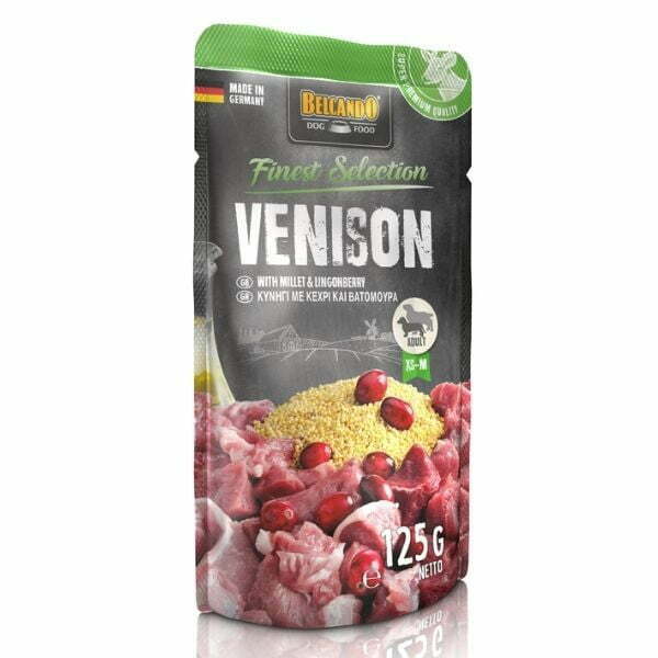 בלקנדו מחית מזון רטוב פאוץ' לכלבים - צבי, דוחן וחמוציות הרים - 125 גרם